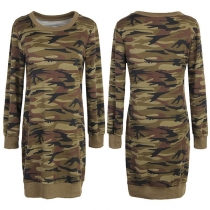 Fashion Long Sleeve Round Neck Camouflage Printed T-shirt Dress
