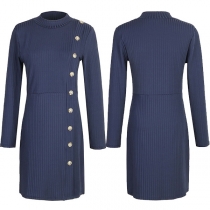 Fashion Long Sleeve Mock Neck Side-button Slim Fit Dress