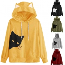 Cute Cat Printed Long Sleeve Loose Hoodie