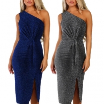 Sexy One-shoulder Slit Hem Sleeveless Slim Fit Dress