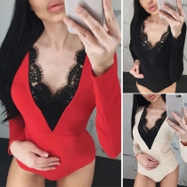 Sexy Lace Spliced Deep V-neck Long Sleeve Bodysuit