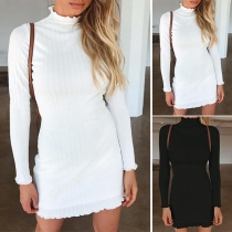 Fashion Solid Color Long Sleeve Mock Neck Slim Fit Knit Dress