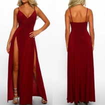 Sexy Backless V-neck Slit Hem Solid Color Sling Dress