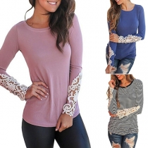 Fashion Lace Spliced Long Sleeve Round Neck Slim Fit T-shirt