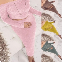 Sexy Off-shoulder Boat Neck Long Sleeve Crop Top + High Waist Skirt Two-piece Set