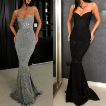 Sexy Backless V-neck High Waist Sling Sequin Dress