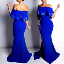 Sexy Off-shoulder Boat Neck Slit Hem Solid Color Party Dress