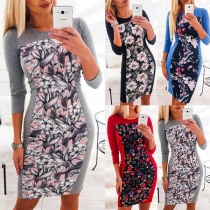 Fashion Long Sleeve Round Neck Slim Fit Printed Spliced Dress