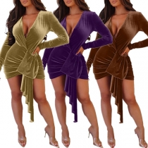 Sexy Deep V-neck Long Sleeve Irregular Hem Tight Dress