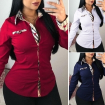 Fashion Plaid Spliced Long Sleeve POLO Collar Shirt