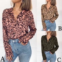 Fashion Leopard Print Long Sleeve V-neck Blouse