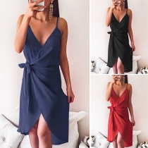 Fashion Solid Color Deep V-neck Sleeveless Lace-up Slim Fit Dress