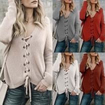 Fashion Solid Color Deep V-neck Bandaged Long Sleeve Knitted Shirt