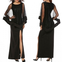 Fashion Solid Color Slim Fit Gauze Spliced Slit Hemline Dress