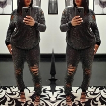 Fashion Long Sleeve Ripped Hooded Sweatshirt + Pants Two-piece Set