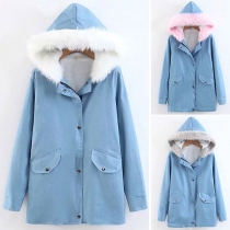 Fashion Solid Color Long Sleeve Faux Fur Spliced Hooded Coat