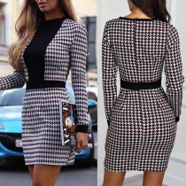 Fashion Long Sleeve Round Neck Slim Fit Houndstooth Dress