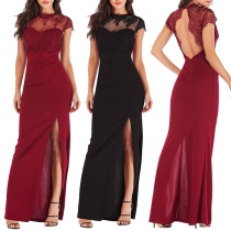 Sexy Backless Slit Hem Lace Spliced Short Sleeve Dress