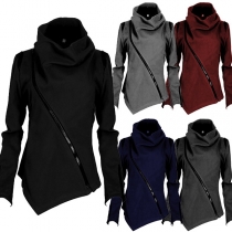 Fashion Solid Color Irregular Hem Obliaue Zipper Coat