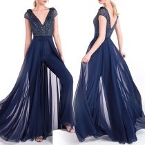 Sexy Deep V-neck Lace Spliced Short Sleeve High Waist Jumpsuit