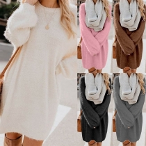 Fashion Solid Color Long Sleeve Round Neck Loose Sweater Dress