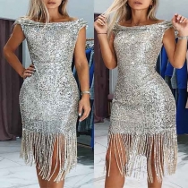 Sexy Off-shoulder Boat Neck Tassel Hem Slim Fit Sequin Dress