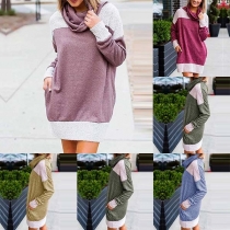 Fashion Contrast Color Long Sleeve Cowl Neck Sweatshirt Dress