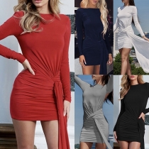 Sexy Backless Long Sleeve Round Neck Lace-up Mini Dress