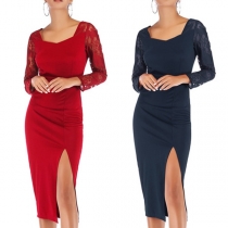 Sexy Lace Spliced Long Sleeve Slit Hem Slim Fit Dress