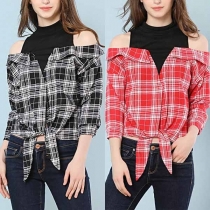 Sexy Off-shoulder Long Sleeve Mock Neck Knotted Gem Plaid Blouse
