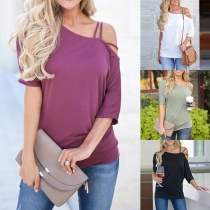Sexy Off-shoulder Half Sleeve Solid Color T-shirt
