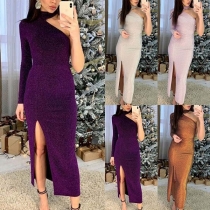 Sexy One-shoulder Slit Hem Long Sleeve Slim Fit Party Dress