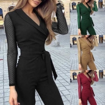 OL Style Gauze Spliced Long Sleeve High Waist Slim Fit Jumpsuit