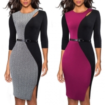 Fashion Contrast Color 3/4 Sleeve Round Neck Slim Fit Dress