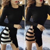 Fashion Long Sleeve Round Neck Striped Spliced Slim Fit Dress
