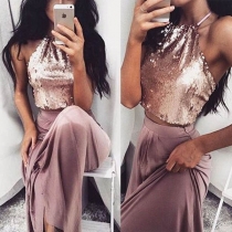 Sexy Backless Sequin Crop Top + High Waist Skirt Two-piece Set