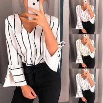 Fashion Lace-up Long Sleeve V-neck Striped Blouse