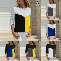 Fashion Contrast Color Long Sleeve Round Neck T-shirt