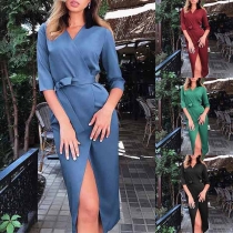 Sexy V-neck Slit Hem 3/4 Sleeve Solid Color Slim Fit Dress