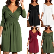 Sexy V-neck Long Sleeve High Waist Solid Color Dress