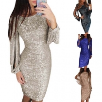 Sexy Tassel Long Sleeve Roun Neck Slim Fit Sequin Dress
