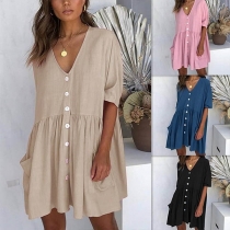 Fashion Solid Color Half Sleeve V-neck Loose Dress