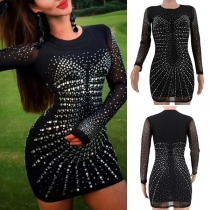 Sexy Gauze Spliced Long Sleeve Round Neck Rhinestone Dress