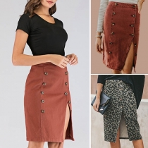 Fashion High Waist Double-breasted Slit Hem Skirt
