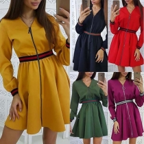 Fashion Contrast Color Long Sleeve V-neck High Waist Dress