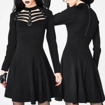Sexy Hollow Out Long Sleeve Round Neck High Waist A-line Dress