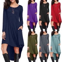 Fashion Solid Color Long Sleeve Round Neck High-low Back Length Dress