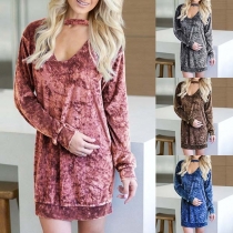 Fashion Solid Color Long Sleeve Hollow Out V-neck Dress