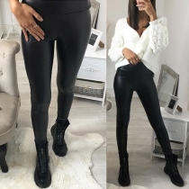 Fashion Solid Color High Waist Slim Fit PU Leather Pants