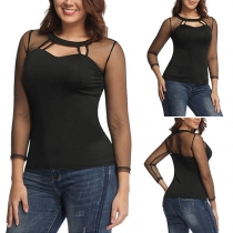 Sexy See-through Gauze Spliced Long Sleeve Round Neck T-shirt